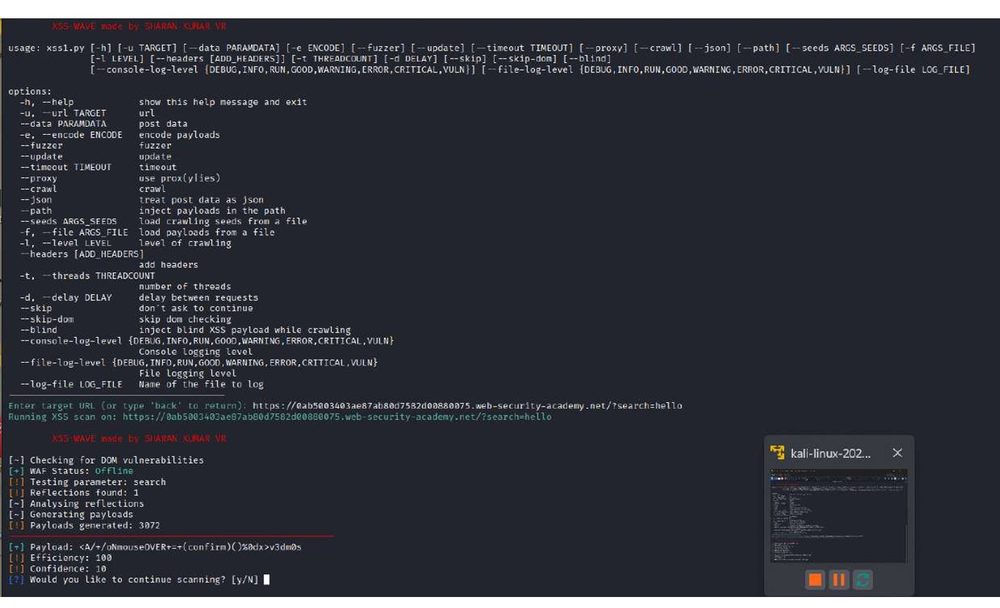 WAVE running an XSS scan and reporting a confirmed payload
