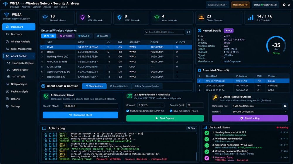 WNSA dashboard with detected networks and a handshake capture